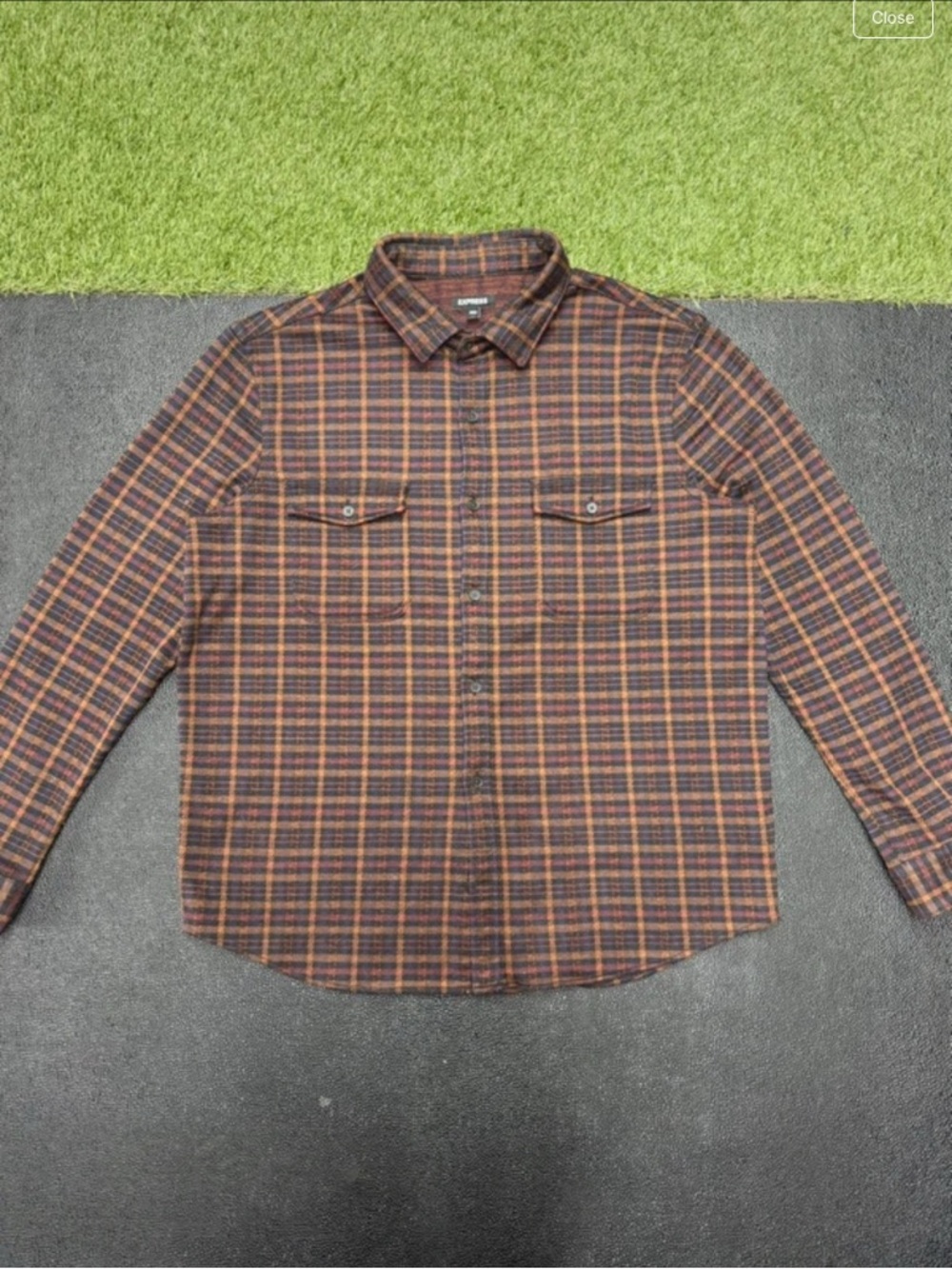 Express Brown and Orange Plaid Button-Down Shirt